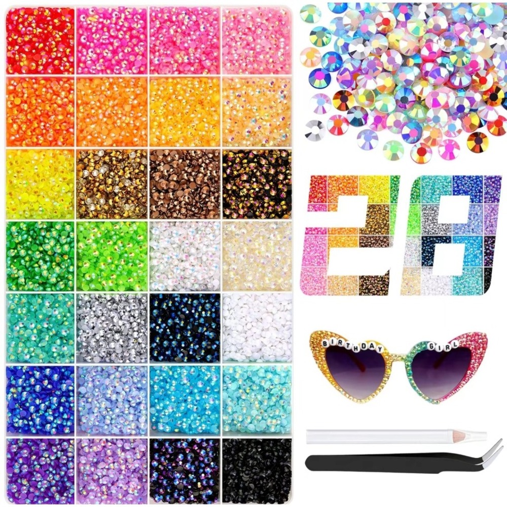 28 Colors Flatback Rhinestone Kit Glass Crystals with Picker Pencil and Tweezers
